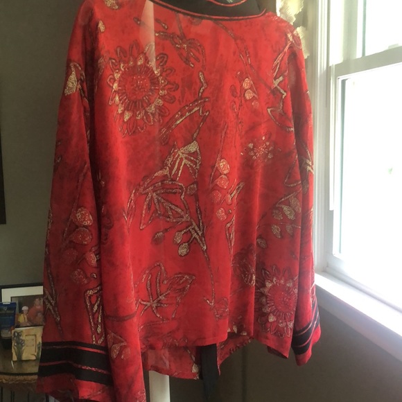 Chico’s Silk Kimono Jacket Size 16 Red Black Tan Yellow - Picture 6 of 6
